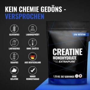 Creatine Monohydrat Pulver 1,25kg / 1250g - Ultra Reines Kreatin Monohydrat mit Vitamin B6 - Optimal Hochdosiert - Extrapure Creatin Monohydrat - Creatin Pulver Monohydrate - Vegan Jahresvorat PREMIUM