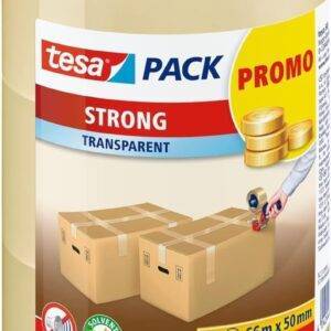 tesa tesapack Strong - Geräuscharmes Paketklebeband zum Verpacken von Paketen und Versandschachteln - transparent - 3 Rollen je 66 m: 50mm