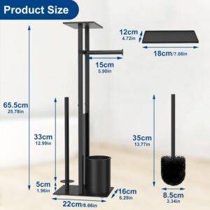 Edelstahl Klopapierhalter Stehend mit Klobürste - Toilettenpapierhalter mit Tablett, WC Bürste, Klorollenhalter Stehend mit Glasregal (Schwarz Matt)