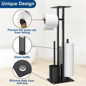 Edelstahl Klopapierhalter Stehend mit Klobürste - Toilettenpapierhalter mit Tablett, WC Bürste, Klorollenhalter Stehend mit Glasregal (Schwarz Matt)