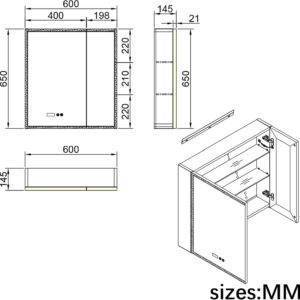 LED Badezimmerschrank mit Steckdose 600x650mm, weißer Wandspiegelschrank mit Defogger und LED Licht, Aluminiumrahmen