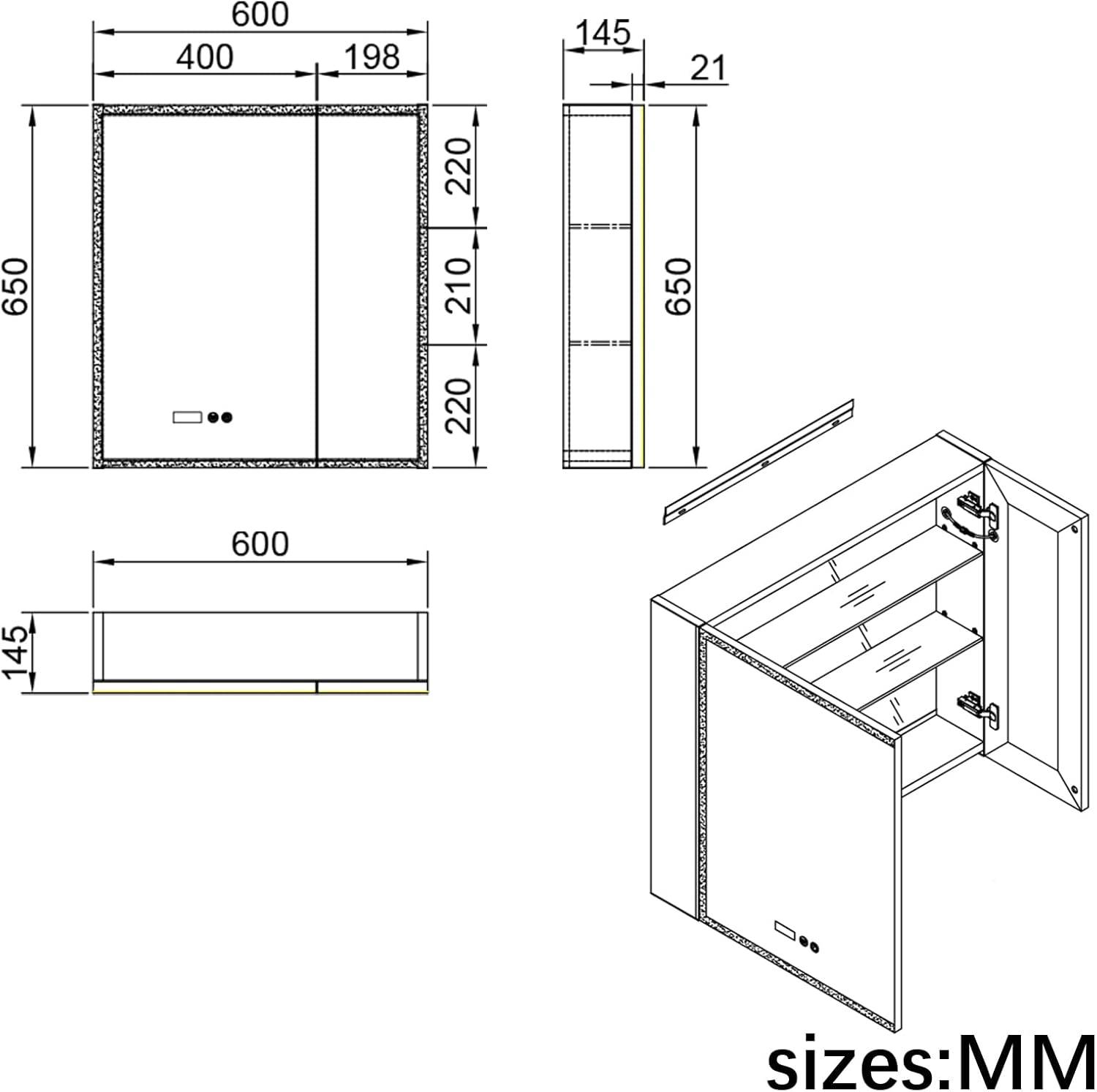 LED Badezimmerschrank mit Steckdose 600x650mm, weißer Wandspiegelschrank mit Defogger und LED Licht, Aluminiumrahmen – Bild 3