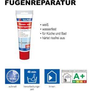 Baufan Fliesen- und Fugenreparatur Weiß 350g I Wasserfeste Spachtelmasse mit optimaler Haftung I Für Küche & Bad I Härtet rissefrei aus I Fugen-Mörtel