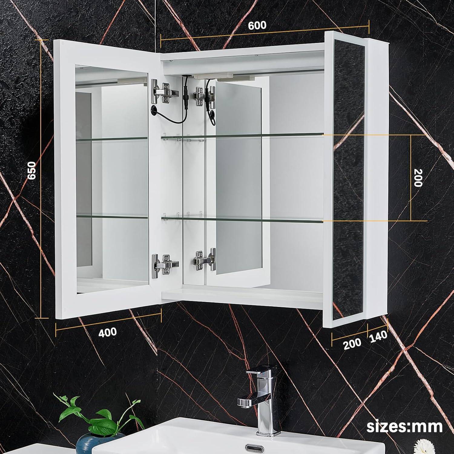 LED Badezimmerschrank mit Steckdose 600x650mm, weißer Wandspiegelschrank mit Defogger und LED Licht, Aluminiumrahmen – Bild 2