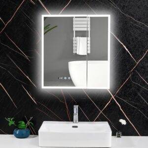 LED Badezimmerschrank mit Steckdose 600x650mm, weißer Wandspiegelschrank mit Defogger und LED Licht, Aluminiumrahmen