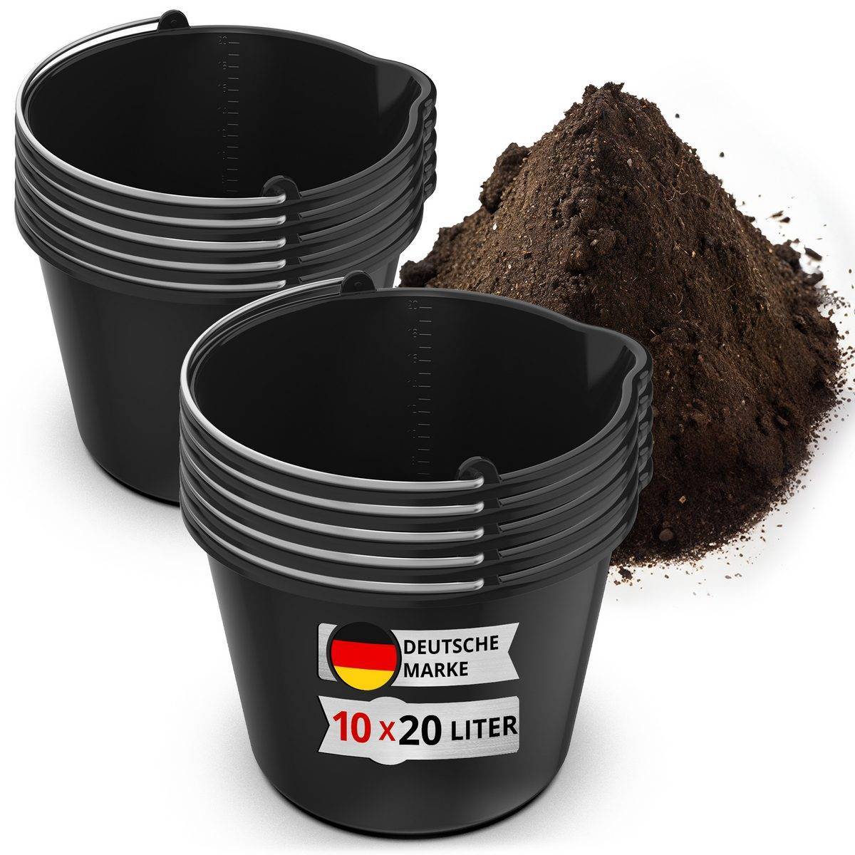 Baueimer 20L Eimer mit Ausguss Tülle Skala Baueimer Wassereimer Mörteleimer (Kunststoffeimer Kübel mit Ausguss für Zement und Mörtel, 10-tlg., Stabiler