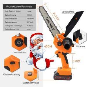 Akku-Kettensäge 8 Zoll Mini Kettensäge mit 24V-Akku 1000W Handkettensäge Haushalt Einhändig Kindersicherung, Ergonomischer Griff mit Auswechselbare