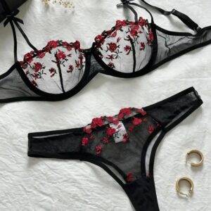 Set: Push-up-BH Sexy Dessous-Set, Bestickter BH+Tanga, Reizwäsche