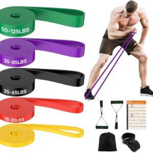 Fokky Fitnessbänder Widerstandsbänder mit 5 Stufen, Resistance Bands mit Türanker, 2*Griffen, Übungsanleitung&Tragebeutel, Gymnastikband Klimmzugband Fitnessband für Muskelaufbau,Yoga,Pilates 5er Set