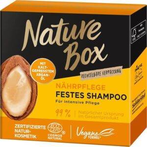 Nature Box festes Shampoo Nährpflege (85 g), festes Haarpflege-Shampoo mit kaltgepresstem Argan-Öl sorgt für intensive Pflege, recycelbare Verpackung