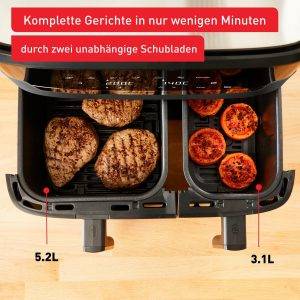 TEFAL Heißluftfritteuse EY905B Dual Easy Fry & Grill Doppelkammer, 8,3 L Kapazität, mit Hamburger Presse