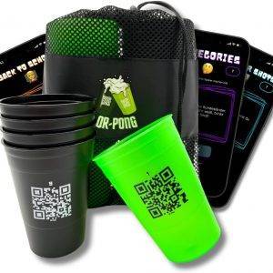 QR-Pong Interaktives Beer Pong Set, 20 Hartplastikbecher, 4 Tischtennisbälle, Schwarz/Grün/Pink