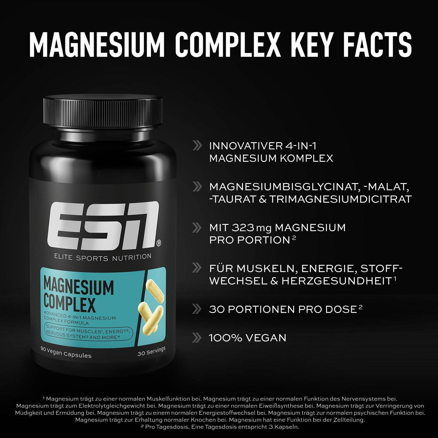 ESN Magnesium Complex, 90 Kapseln, 323 mg Magnesium pro Tagesportion, 4 in 1 Komplex Formel - Made in Germany – Bild 3