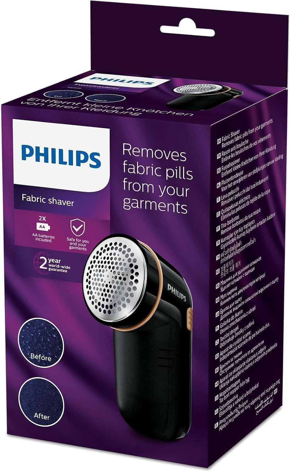 Philips Fusselentferner für alle Kleidungsstücke, entfernt kleine Knötchen, 2 Höheneinstellungen, batteriebetrieben (2 Philips AA-Batterien inkl.), 8 x 12.3 x 5.8 cm, schwarz-Gold (GC026/80) – Bild 3