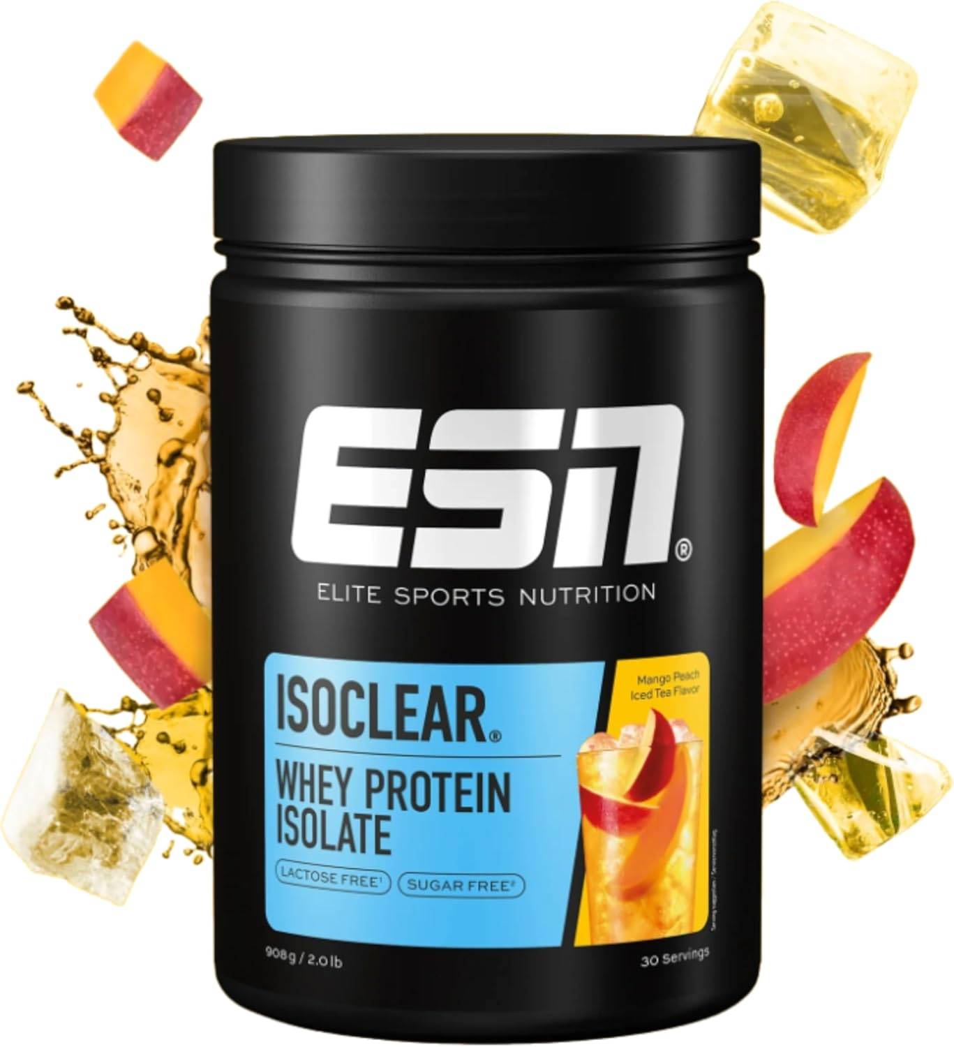 ESN ISOCLEAR Whey Isolate Protein Pulver, Mango Peach Iced Tea, 908 g, Proteinlimo mit fruchtig leckerem Geschmack, clear Whey - made in Germany