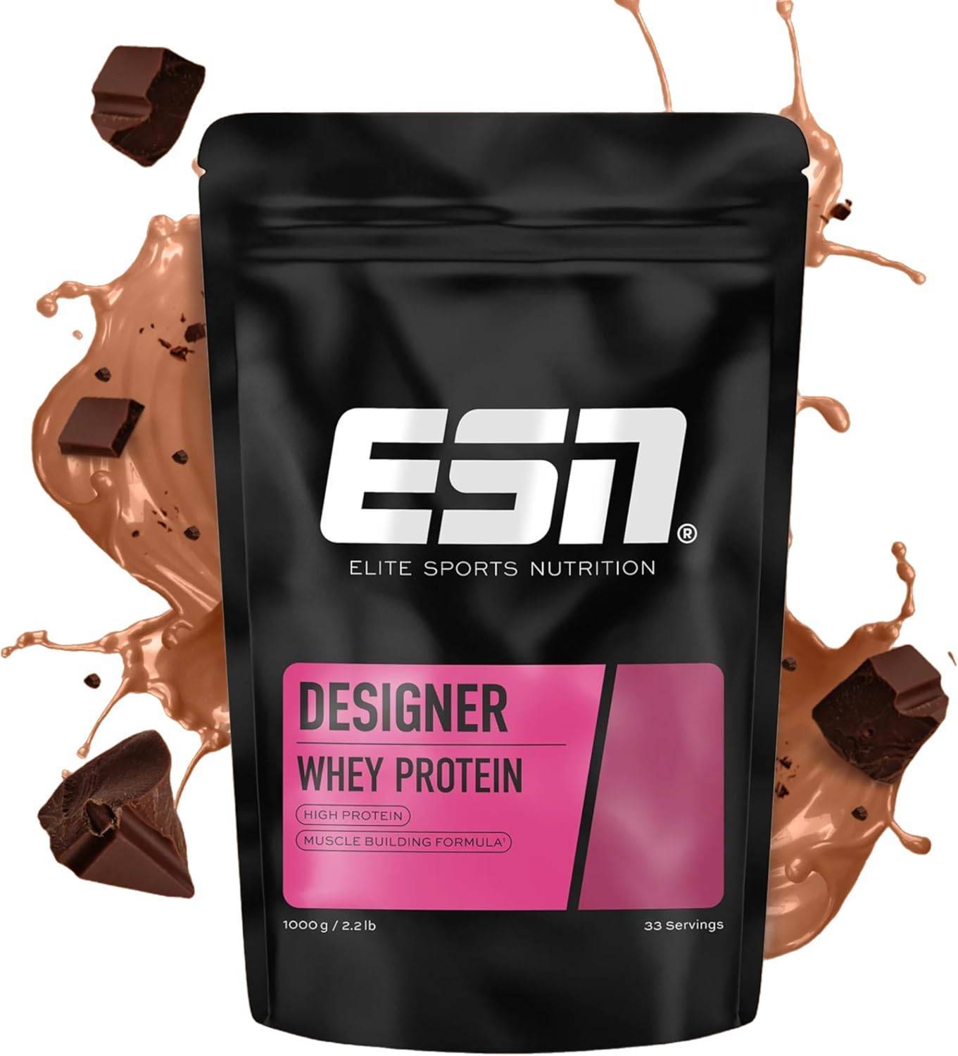 ESN Designer Whey Protein Pulver, Chocolate, 1 kg, bis zu 23 g Protein pro Portion, ideal zum Muskelaufbau und -erhalt - made in Germany