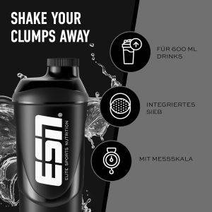 ESN Shaker, Black, 600 ml, auslaufsicher, Shaker mit Messskala zum einfachen Dosieren, frei von BPA & DEHP