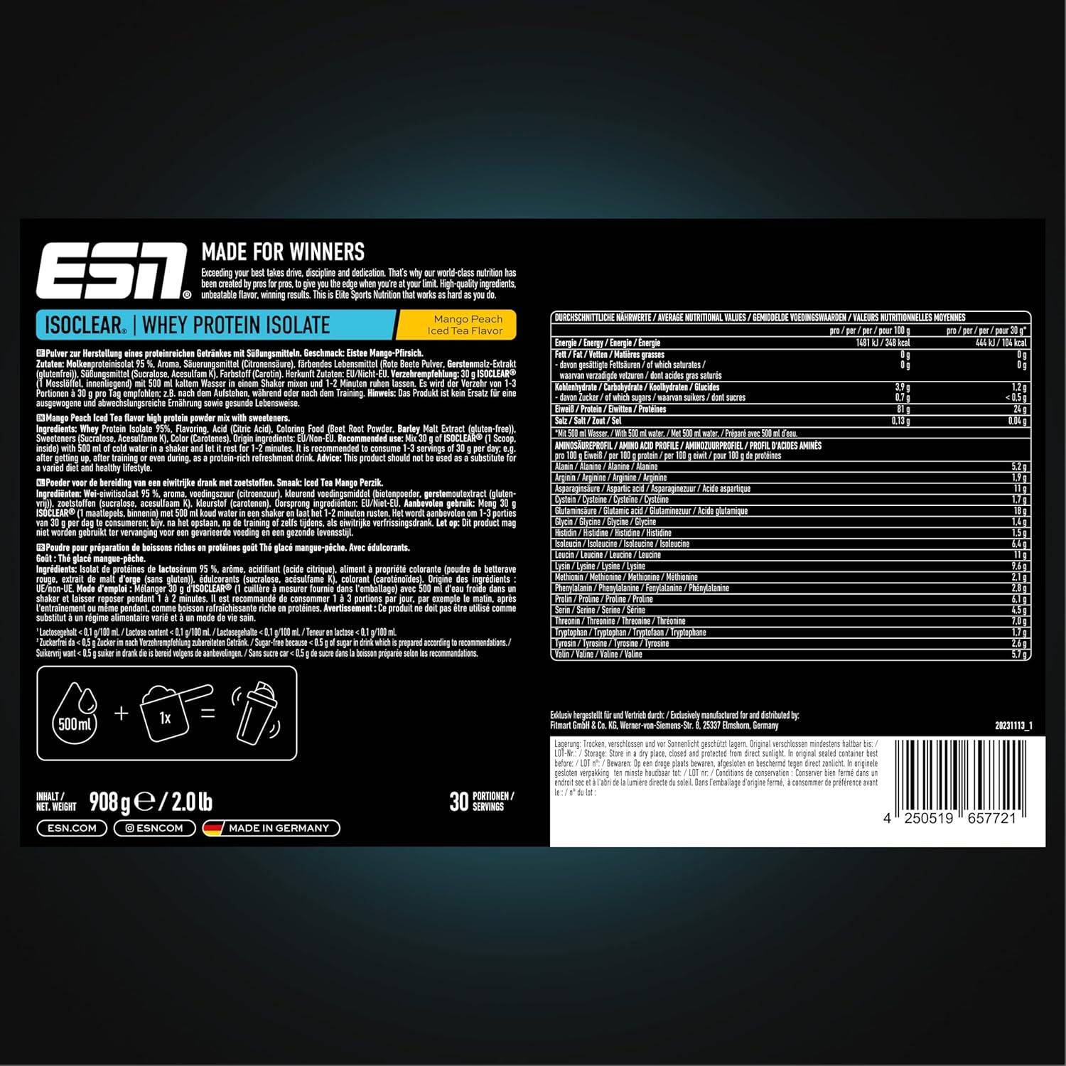 ESN ISOCLEAR Whey Isolate Protein Pulver, Mango Peach Iced Tea, 908 g, Proteinlimo mit fruchtig leckerem Geschmack, clear Whey - made in Germany – Bild 4