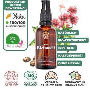 Bionoble Rizinusöl Bio 50ml - 100% Rein, Natürlich, Kaltgepresst - Wimpern, Augenbrauen, Haare, Bart, Nägel - Vegan und Cruelty Free - Castor Oil - Glasflasche + Pipette + Pumpe - 50ml