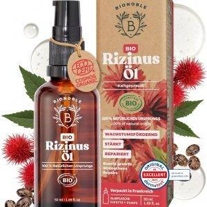 Bionoble Rizinusöl Bio 50ml - 100% Rein, Natürlich, Kaltgepresst - Wimpern, Augenbrauen, Haare, Bart, Nägel - Vegan und Cruelty Free - Castor Oil - Glasflasche + Pipette + Pumpe - 50ml