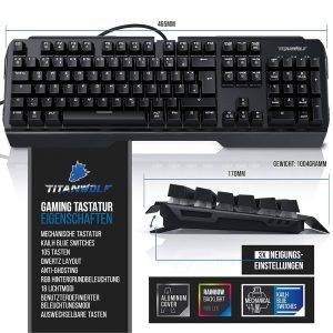 TITANWOLF Gaming Set - mechanische Tastatur ALUMAR MMO 10800dpi Gaming Maus Specialist XXL Mauspad - Mechanical Keyboard - Anti-Ghosting - LED Backlight - 19 Lichtmodi - Makro-Modus