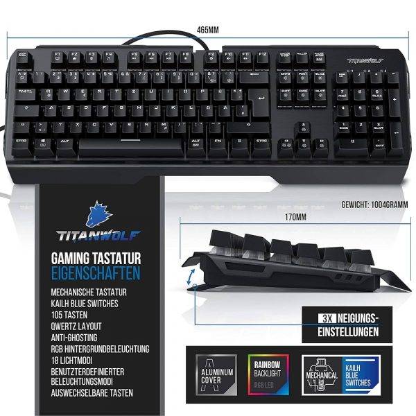 TITANWOLF Gaming Set - mechanische Tastatur ALUMAR MMO 10800dpi Gaming Maus Specialist XXL Mauspad - Mechanical Keyboard - Anti-Ghosting - LED Backlight - 19 Lichtmodi - Makro-Modus – Bild 3