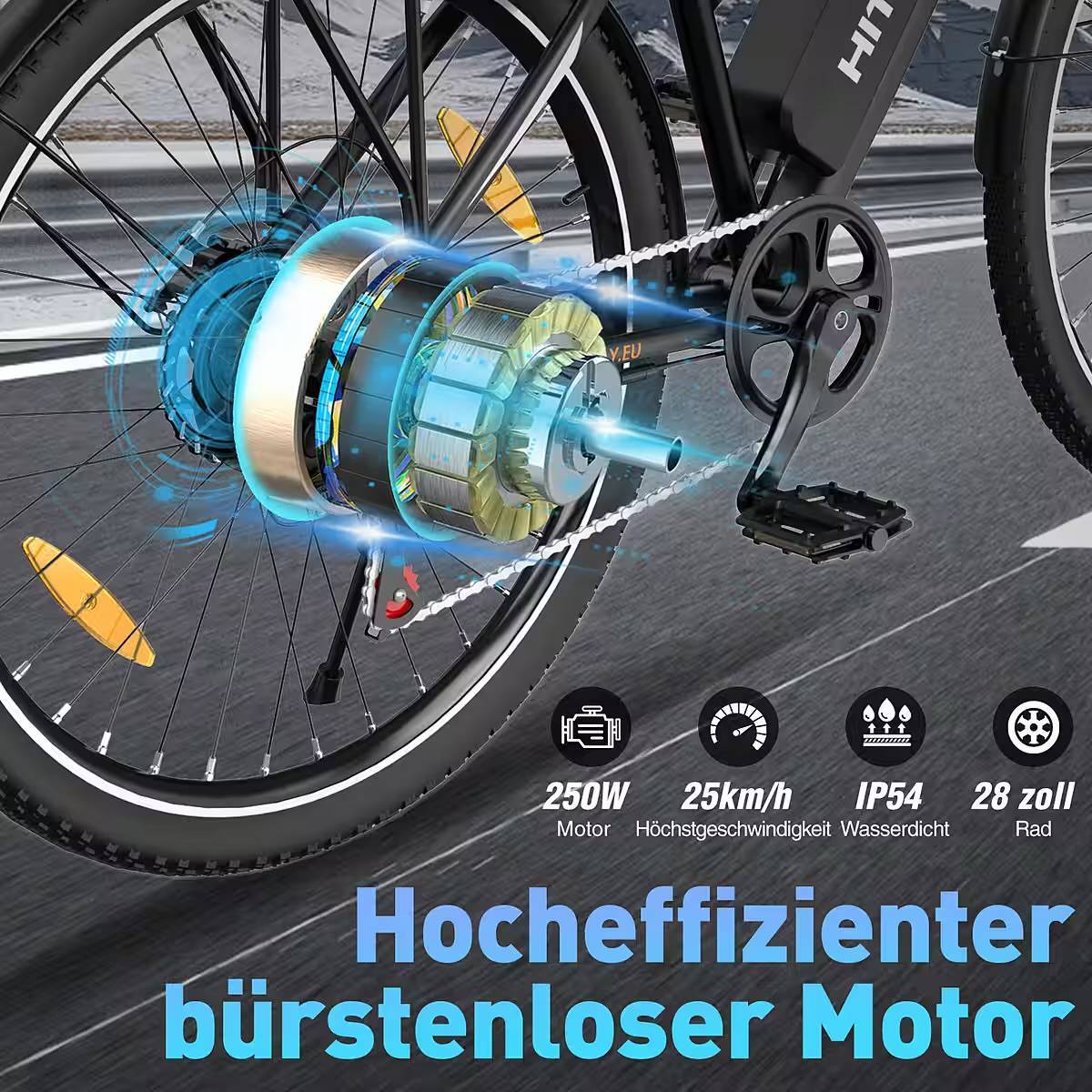 HITWAY E-Bike Pedelec 28 Zoll Elektrofahrrad für Damen Herren bis 35-100km 12Ah/13Ah Akku 7 Gang shimano SHIMANO Schaltwerk, Kettenschaltung, 250W Heckmotor, 432 Wh, Pedelec E-Citybike für Erwachsener 170-190cm, mit Schloss, Pumpe – Bild 2