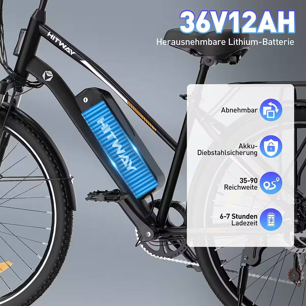 HITWAY E-Bike Pedelec 28 Zoll Elektrofahrrad für Damen Herren bis 35-100km 12Ah/13Ah Akku 7 Gang shimano SHIMANO Schaltwerk, Kettenschaltung, 250W Heckmotor, 432 Wh, Pedelec E-Citybike für Erwachsener 170-190cm, mit Schloss, Pumpe – Bild 5