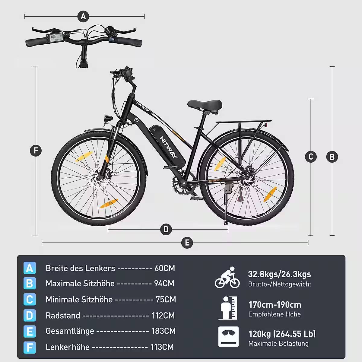 HITWAY E-Bike Pedelec 28 Zoll Elektrofahrrad für Damen Herren bis 35-100km 12Ah/13Ah Akku 7 Gang shimano SHIMANO Schaltwerk, Kettenschaltung, 250W Heckmotor, 432 Wh, Pedelec E-Citybike für Erwachsener 170-190cm, mit Schloss, Pumpe – Bild 3