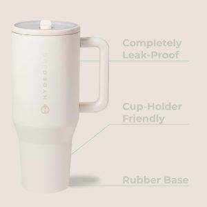 HydroJug Traveler – Wasserflasche mit Griff und Klapp-Trinkhalm, passt in Becherhalter, auslaufsicherer Becher, wiederverwendbar, isolierter Edelstahl und Gummiboden, Geschenke für Damen und Herren