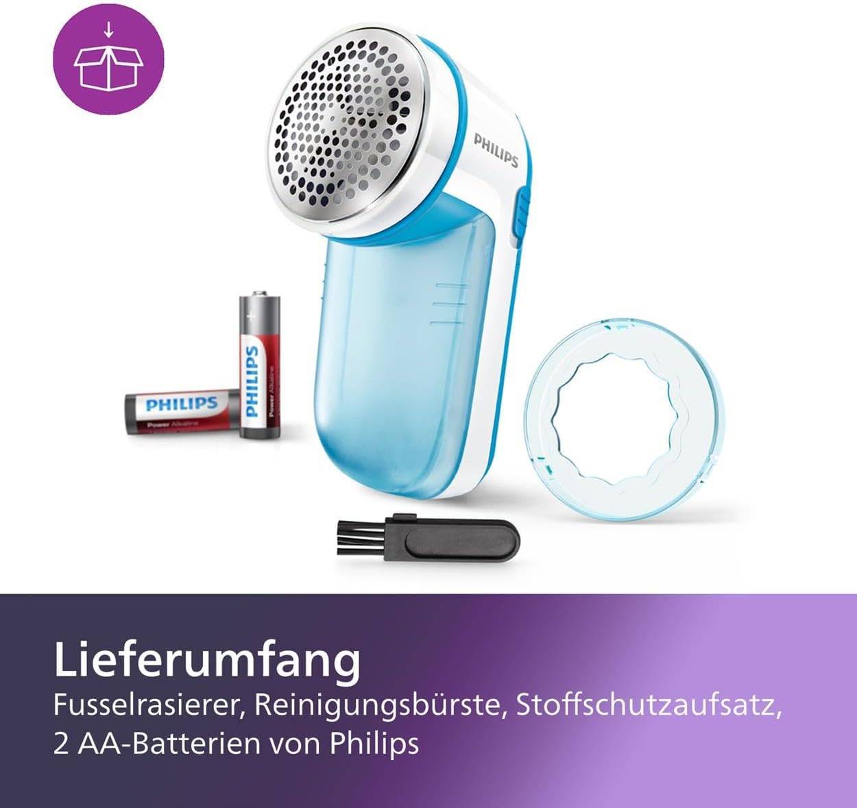 Philips Fusselrasierer – Fusselentferner für Kleidungsstücke, geeignet für alle Textilien, 2 Höheneinstellungen, batteriebetrieben, blau (GC026/00)