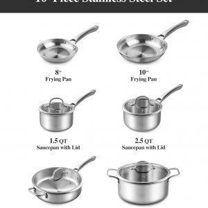 Edelstahl-Kochgeschirr-Set, Tir-Ply Töpfe und Pfannen, 10-teilig, Edelstahl, Induktionskochgeschirr-Set, PFOA-frei, Bratpfannen, Töpfe, Sautepfanne und Suppentopf, kompatibel mit allen Herdarten
