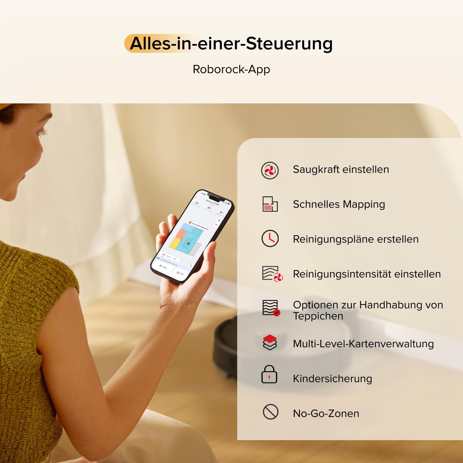 roborock Q7 M5-Set Saugroboter mit Wischfunktion, 10.000Pa Saugkraft, Dual Anti-Tangle-System, 150Min Laufzeit, LiDAR Navigation, Staubsauger Roboter für Teppich, Tierhaare, APP Steuerung (Schwarz) – Bild 8