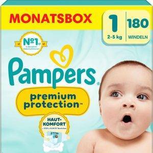 Pampers Premium Protection Größe 1, 180 Windeln, 2kg-5kg, Doppelter Schutz für die Haut und vor Auslaufen
