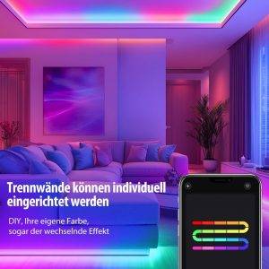 LED Strip 10m, RGB-IC LED Streifen mit App, Segmentcontrol, Farbwechsel, Musik Sync, LED Lichterkette für Party, Zuhause, Schlafzimmer, Gaming, Küche Deko [Energieklasse A]