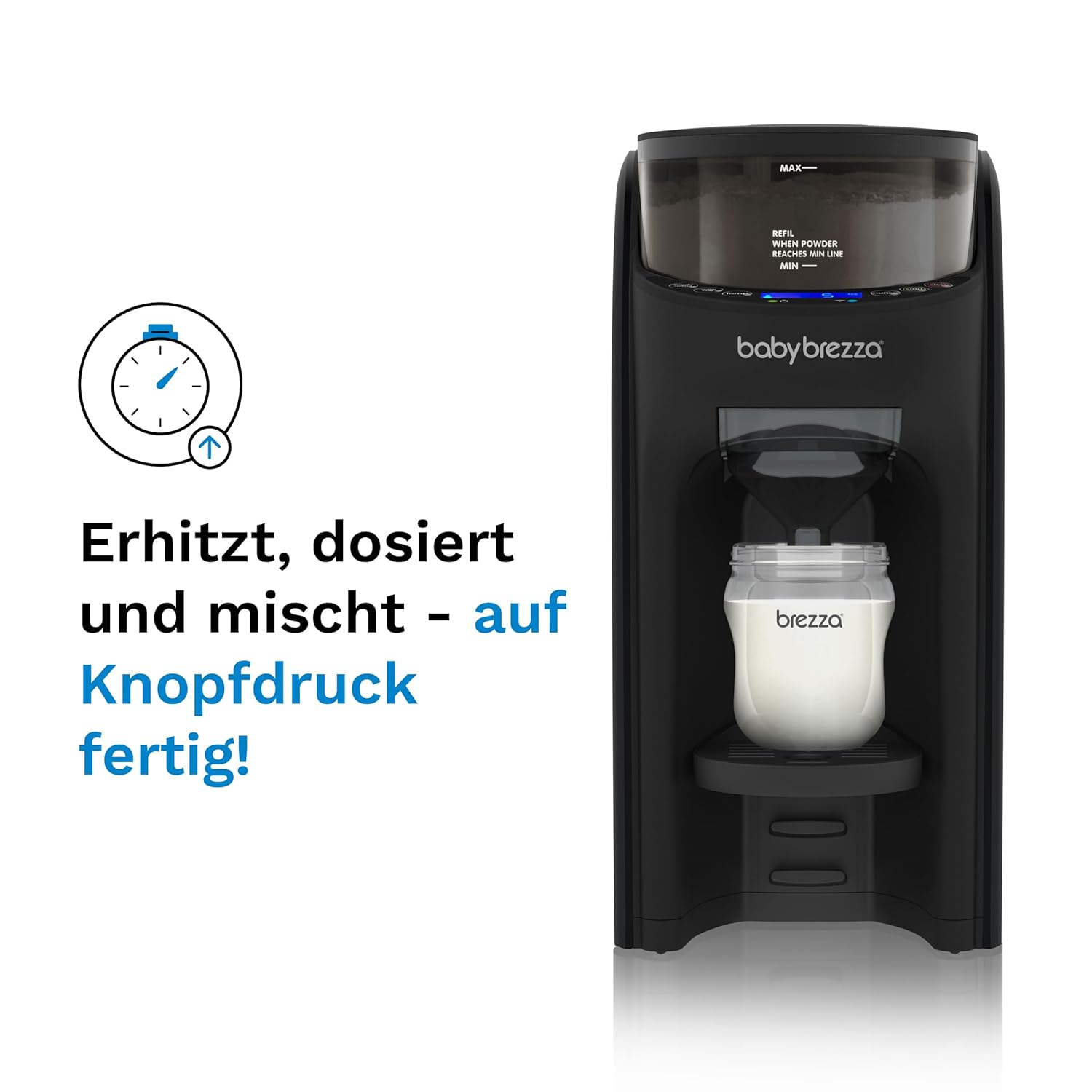 Baby Brezza Formula Pro Advanced – Automatischer Flaschenzubereiter – Mischt Milchpulver & Wasser perfekt – Mit 2 Milchpulvertrichtern (1 im Gerät, 1 extra) – 3 Temperaturen – BPA-frei – schwarz – Bild 2