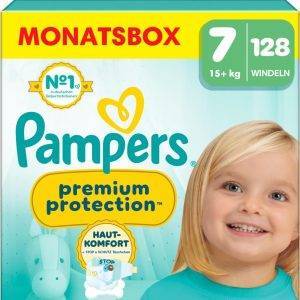 Pampers Premium Protection Größe 7, 128 Windeln, 15kg+, Doppelter Schutz für die Haut und vor Auslaufen