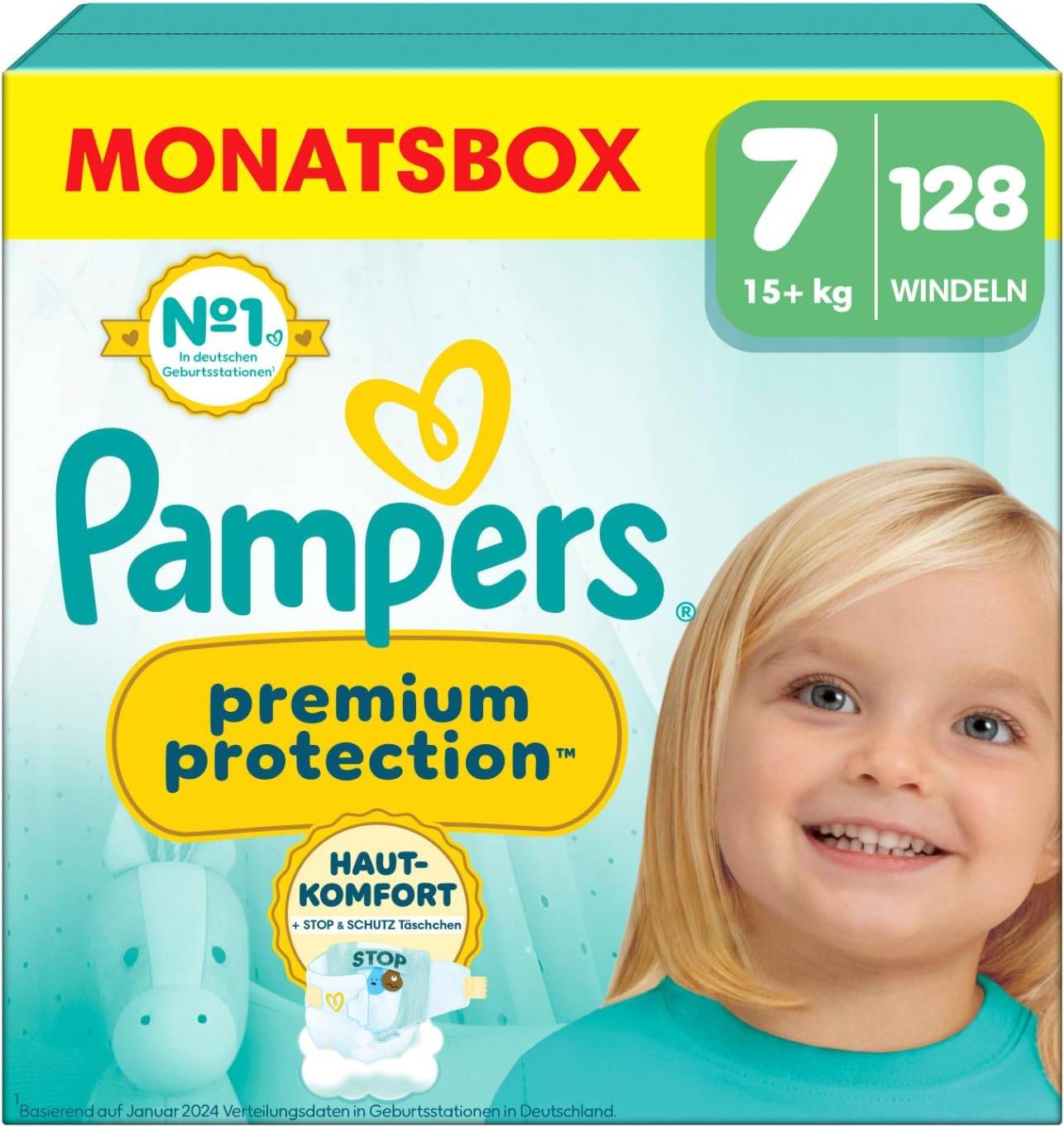 Pampers Premium Protection Größe 7, 128 Windeln, 15kg+, Doppelter Schutz für die Haut und vor Auslaufen