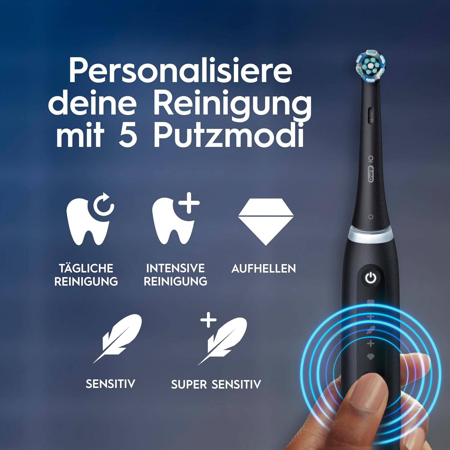 Oral-B iO Series 5 Elektrische Zahnbürste Doppelpack — Electric Toothbrush, Inkl. 2 Aufsteckbürsten und Reise-Etui — 5 Putzmodi für Zahnpflege, Zahnbürste Elektrisch, Designed by Braun, Schwarz/Weiß – Bild 8