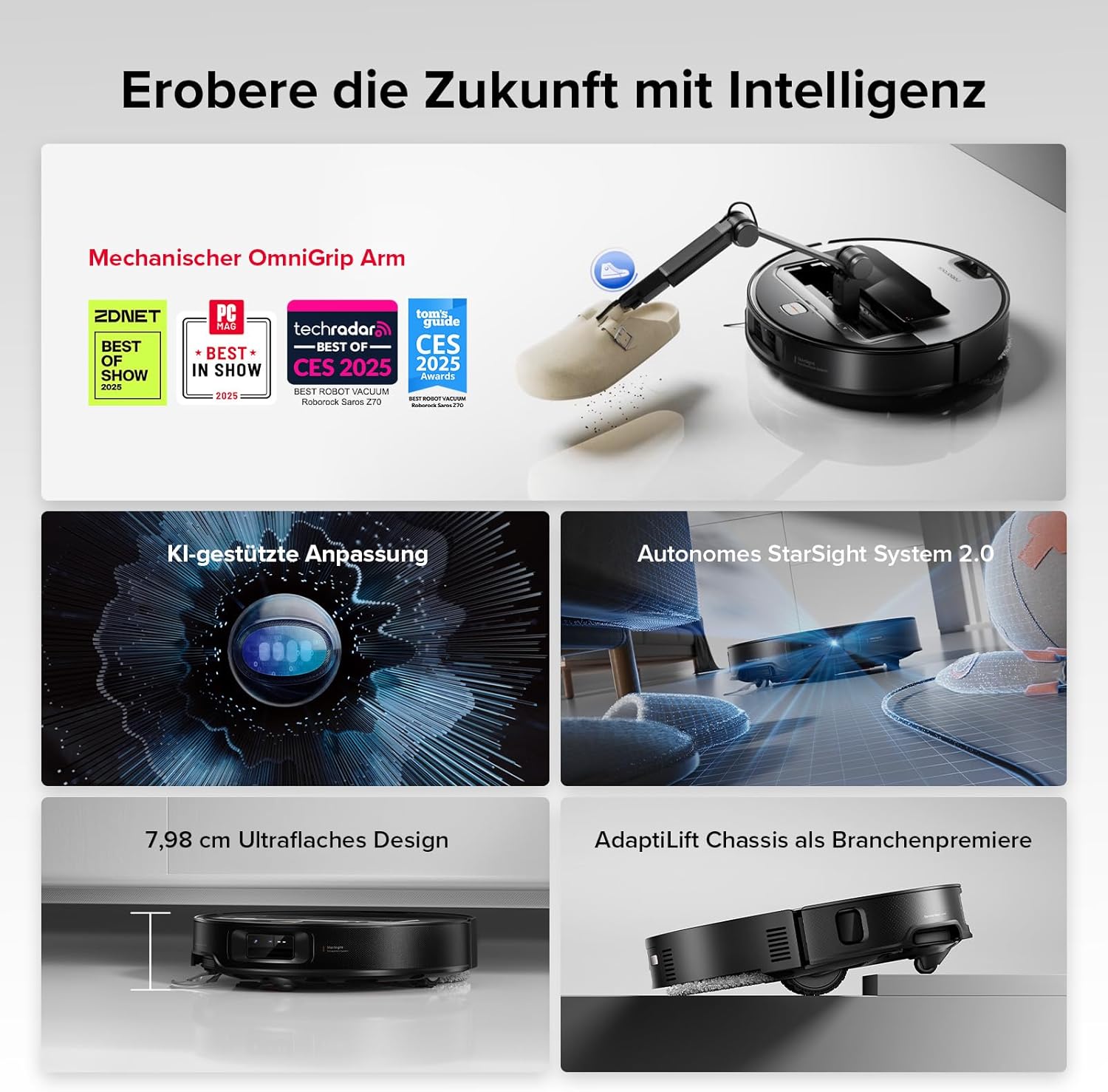 roborock Saros Z70 Saugroboter mit Wischfunktion, OmniGrip Arm, KI-gestützt, 22.000 Pa Saugkraft, 7.98 cm Ultra Slim, FlexiArm Riser, AdaptiLift Chassis, Heißwasser Mopp Waschen & Trocknen(Silber) – Bild 2