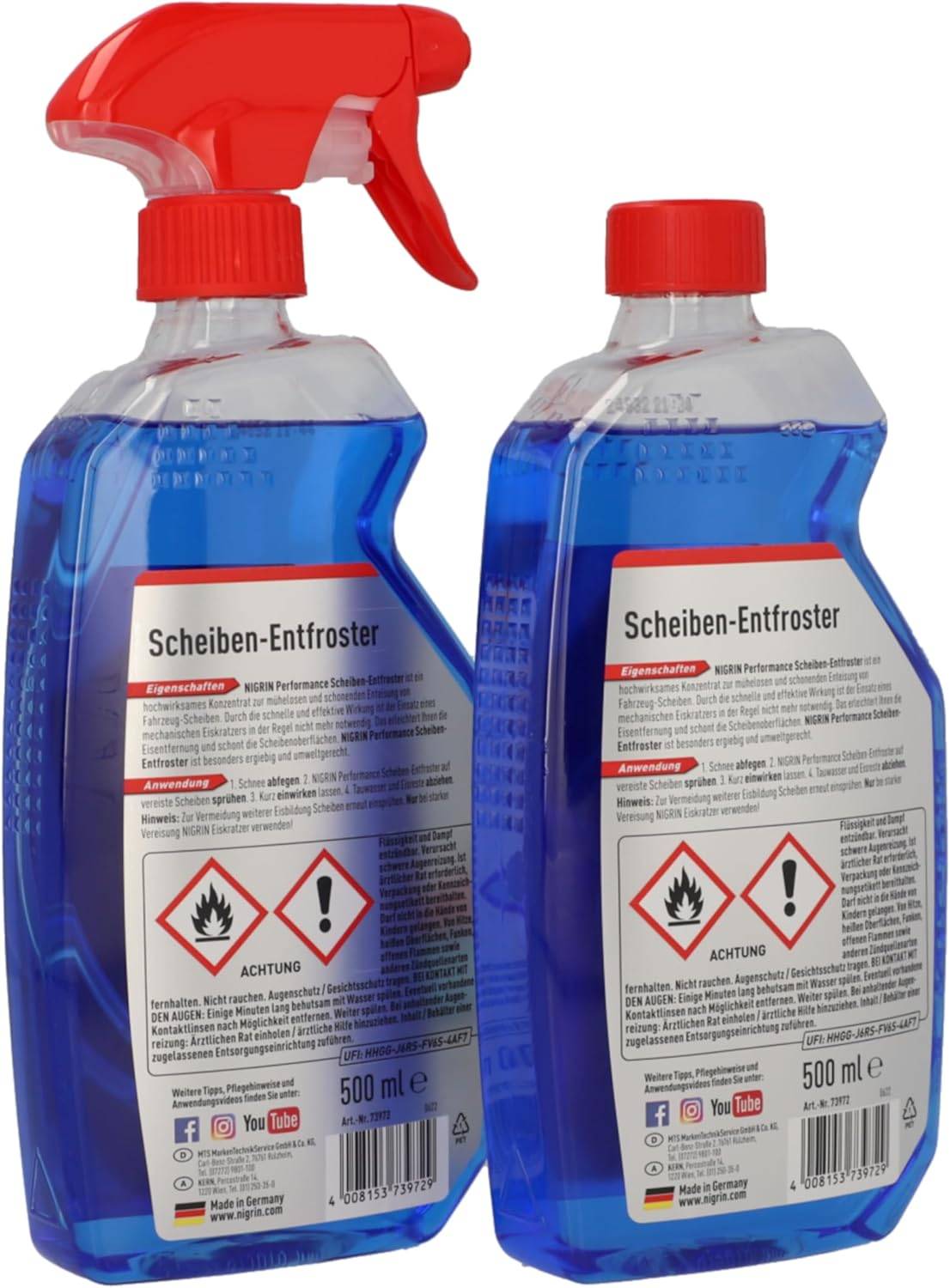 NIGRIN Scheiben-Entfroster Sprühflasche 1x500ml + 1x500ml Nachfüllflasche, Scheiben-Enteiser-Spray, Pumpzerstäuber, wirksam bis -55° C, verhindert Wiedervereisung – Bild 2