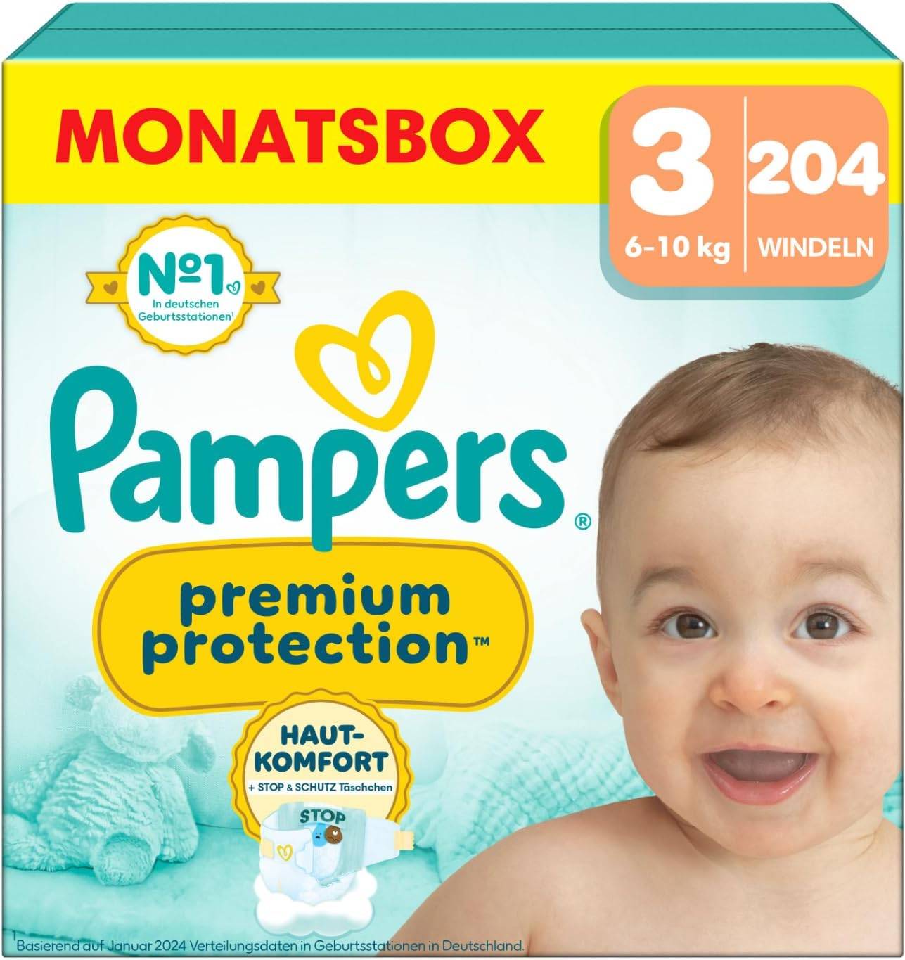 Pampers Premium Protection Größe 3, 204 Windeln, 6kg-10kg, Doppelter Schutz für die Haut und vor Auslaufen