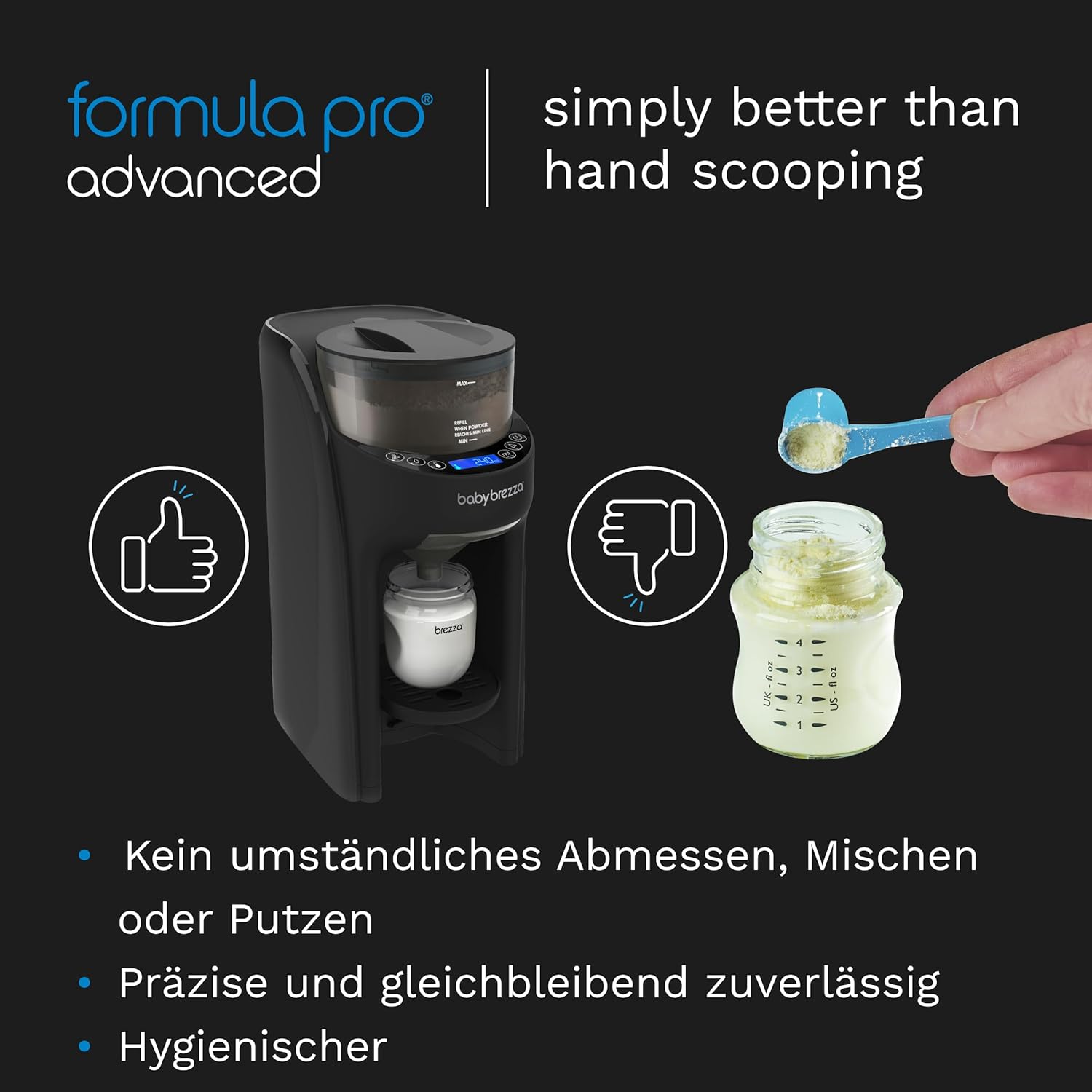 Baby Brezza Formula Pro Advanced – Automatischer Flaschenzubereiter – Mischt Milchpulver & Wasser perfekt – Mit 2 Milchpulvertrichtern (1 im Gerät, 1 extra) – 3 Temperaturen – BPA-frei – schwarz – Bild 6