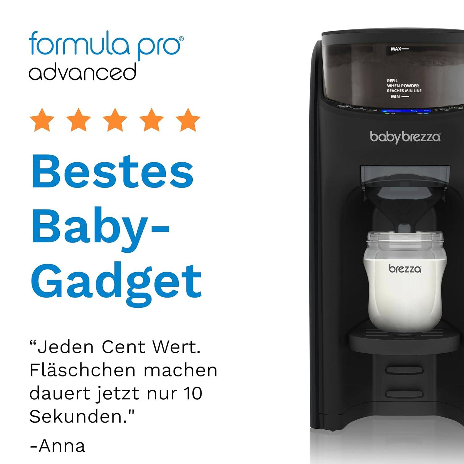 Baby Brezza Formula Pro Advanced – Automatischer Flaschenzubereiter – Mischt Milchpulver & Wasser perfekt – Mit 2 Milchpulvertrichtern (1 im Gerät, 1 extra) – 3 Temperaturen – BPA-frei – schwarz – Bild 7
