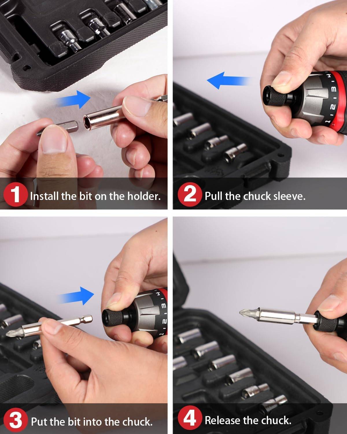 AVID POWER Elektrisches Schraubendreher-Set, wiederaufladbar, 4 V, Akkuschrauber-Set mit 44-teiligem Zubehör, 5,65 Nm Schraubenpistole, 5+1 Drehmomenteinstellung, 2-Positionen-Griff mit LED-Licht – Bild 5