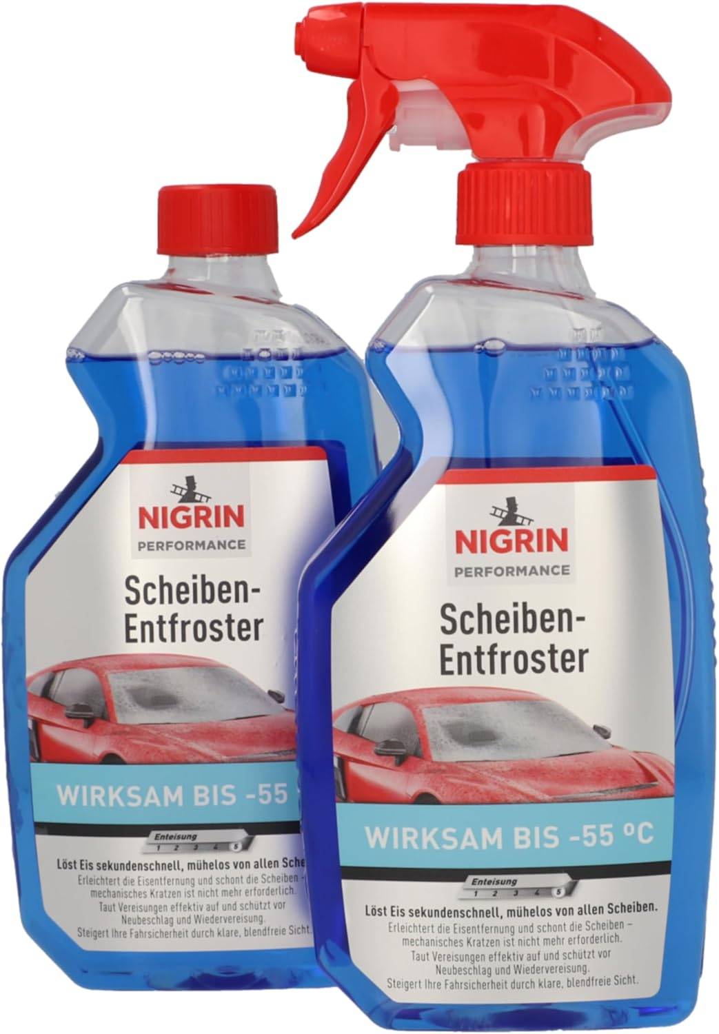 NIGRIN Scheiben-Entfroster Sprühflasche 1x500ml + 1x500ml Nachfüllflasche, Scheiben-Enteiser-Spray, Pumpzerstäuber, wirksam bis -55° C, verhindert Wiedervereisung
