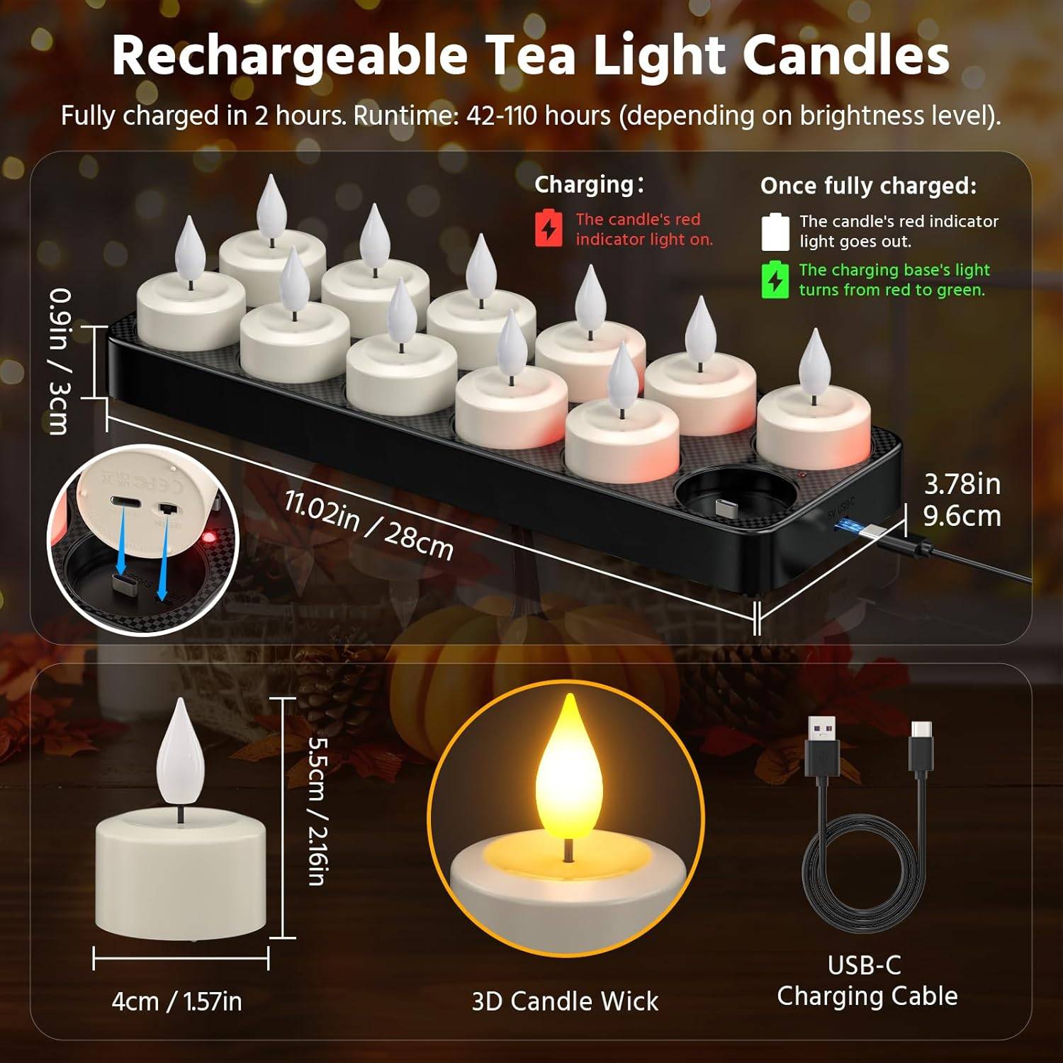 Aufladbare Teelichter mit Timerfunktion und Ladestation, 12er LED Teelichter Wiederaufladbar Kerzen Flackernd mit Fernbedienung Timer für Zimmer Wohnzimmer Halloween Weihnachten Tisch Party Deko – Bild 2