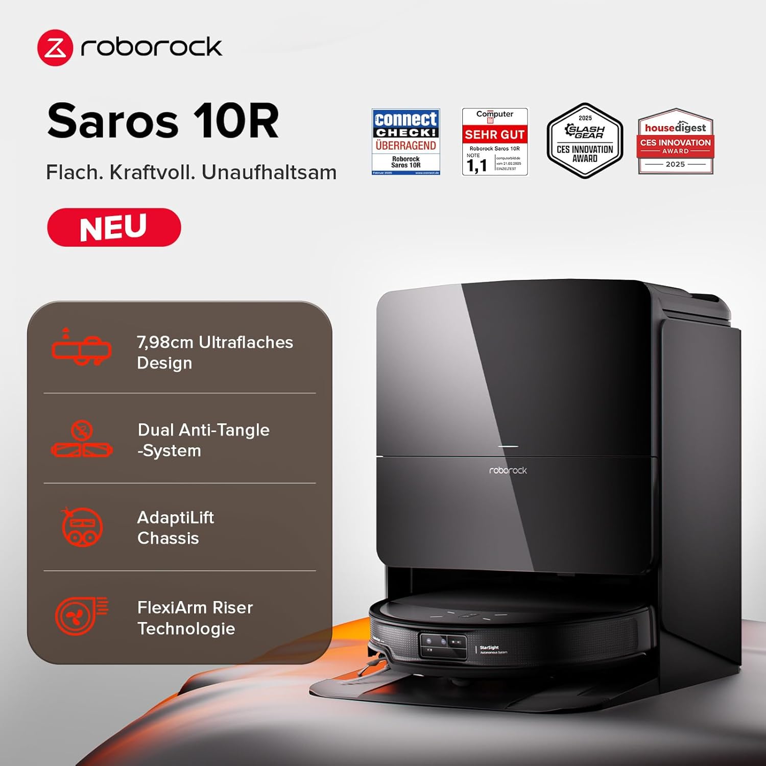 roborock Saros 10R Saugroboter mit Wischfunktion&angebbarem Wischmopp, 22,000 Pa, 7,98cm Ultra-Slim Design, StarSight System 2.0, Zero-Tangle System – Bild 2