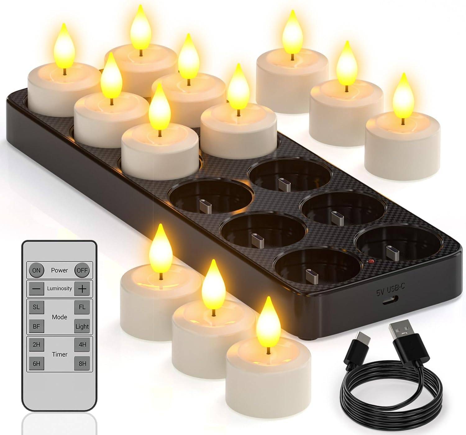 Aufladbare Teelichter mit Timerfunktion und Ladestation, 12er LED Teelichter Wiederaufladbar Kerzen Flackernd mit Fernbedienung Timer für Zimmer Wohnzimmer Halloween Weihnachten Tisch Party Deko