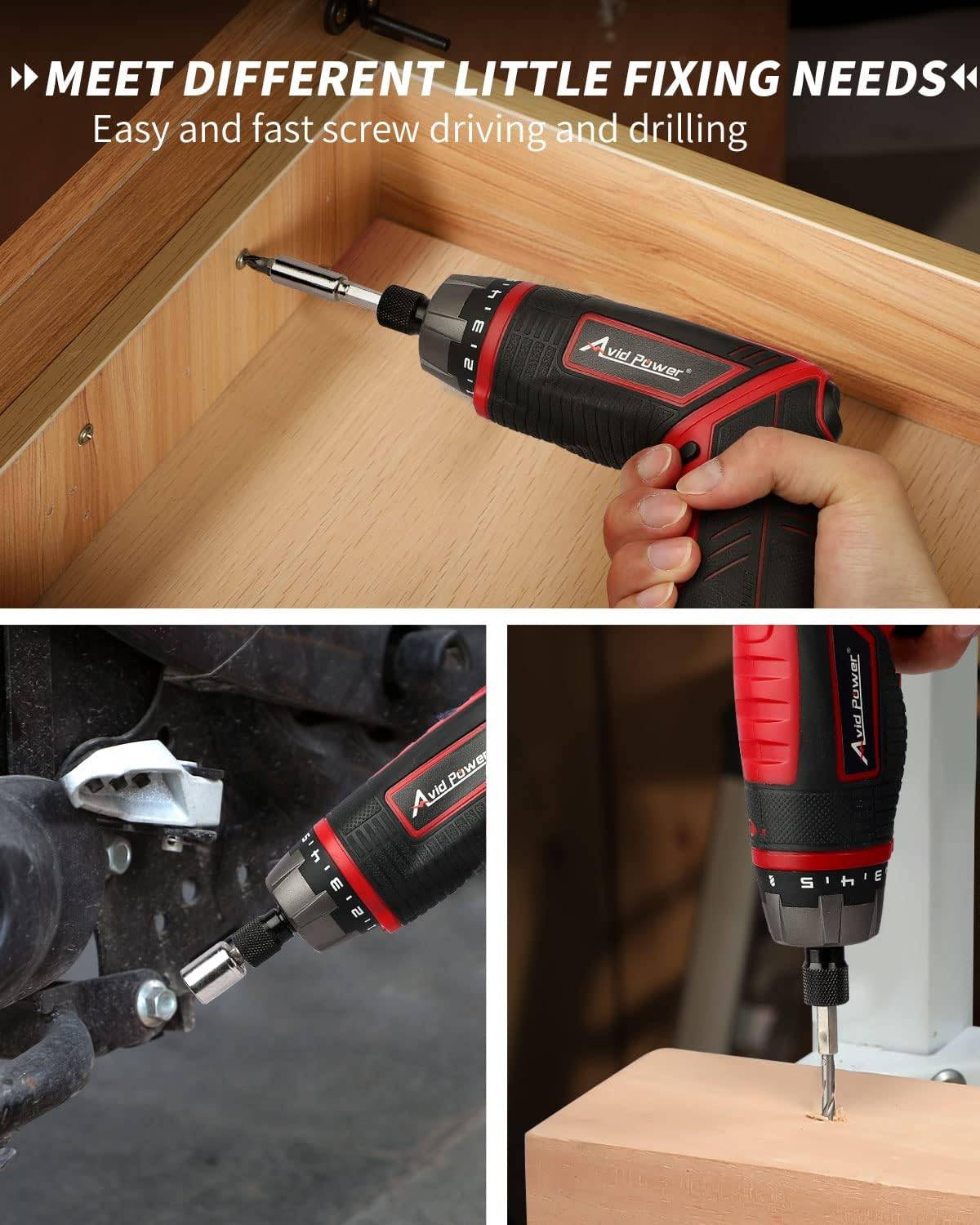 AVID POWER Elektrisches Schraubendreher-Set, wiederaufladbar, 4 V, Akkuschrauber-Set mit 44-teiligem Zubehör, 5,65 Nm Schraubenpistole, 5+1 Drehmomenteinstellung, 2-Positionen-Griff mit LED-Licht – Bild 6